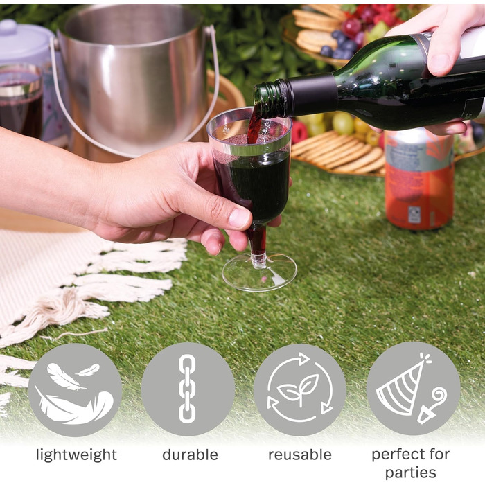 Преміум Елегантні пластикові келихи для вина зі срібним обідком, 180 мл - Багаторазові коктейльні келихи, золоті пластикові келихи