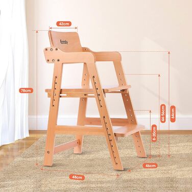 Стільчик для годування Ezebaby, регульований по висоті дерев'яний стільчик для дітей від 2 до 12 років, дитячий стілець з бука, на