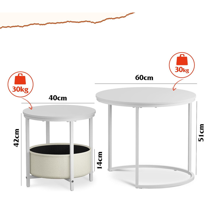 Круглий журнальний столик WLIVE білий, журнальний столик для вітальні з місцем для зберігання, бічний столик з металевим каркасом, журнальний столик для вітальні, спальні, офісу, білий