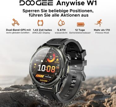 Розумний годинник DOOGEE Anywise W1 зі штучним інтелектом для чоловіків, дводіапазонний GPS, водонепроникність 5 атм, 12 днів роботи від батареї, 1,43-дюймовий AMOLED HD, понад 170 спортивних режимів, Bluetooth-дзвінки, сумісний з Android/iOS, 2 чорних ре