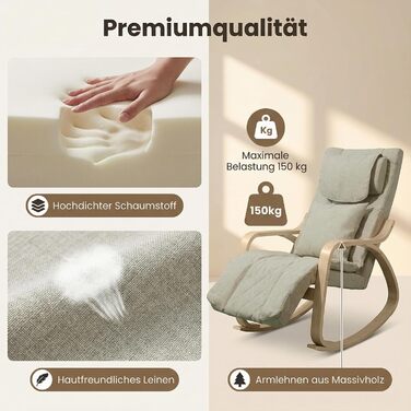 Масажне крісло-гойдалка, крісло-реклайнер, крісло для телевізора з 3-зонним масажем, масажне крісло з функцією підігріву, регульований підголівник та підставка для ніг, знімний чохол, вантажопідйомність 150 кг, бежевий