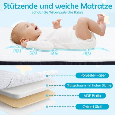 Дитяче ліжечко COSTWAY 3-в-1 з москітною сіткою, дорожнє ліжечко для дитини з матрацом, 7-позиційне регульоване по висоті дитяче ліжечко з сумкою для перенесення, кошик для зберігання, колиска для дитини до 9 місяців (сірий)