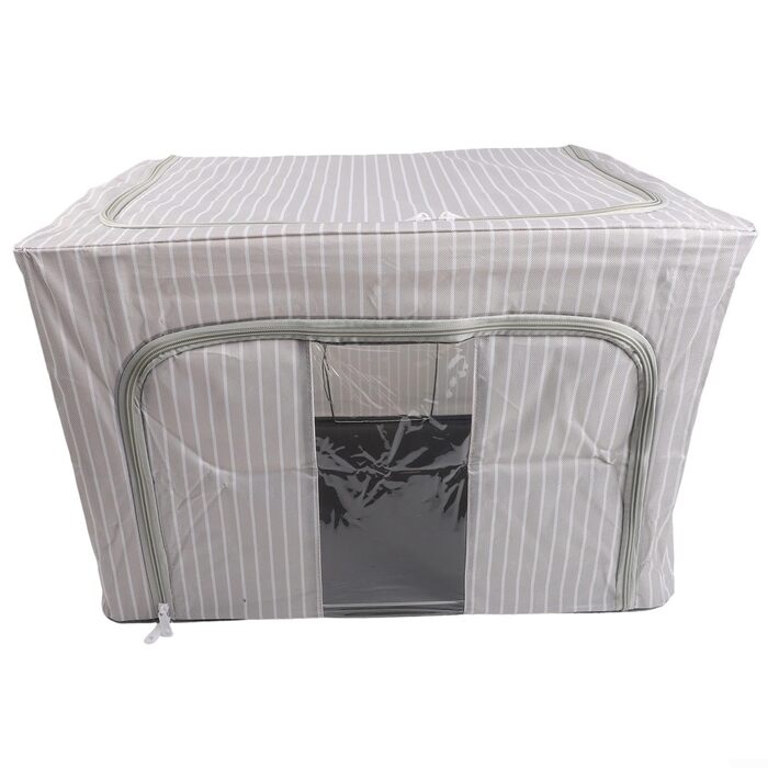 Складаний ящик для зберігання з вологостійкої тканини Оксфорд та сталевого каркасу, подвійною блискавкою зверху та прозорою передньою частиною для зручного зберігання та легкого доступу (66 л синього кольору, 66 л синього кольору в смужку)