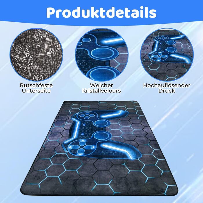 Ігровий килимок, нековзний кришталевий оксамитовий ігровий килимок, стильний синій килимок з ігровим контролером для ігрових кімнат хлопчиків, декор дитячої кімнати для хлопчиків, 80x120 см