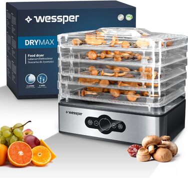 Дегідратор з нержавіючої сталі Wessper цифровий з таймером до 99 годин і регулятором температури від 35-70 за Цельсієм, 5 поверхів, без бісфенолу А, дегідратор дегідратор Дегідратор кутова сушарка для фруктів дегідратор з таймером