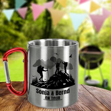 Персоналізована кружка з нержавіючої сталі з карабіном БАЖАНЕ ІМ&39Я В ПОДОРОЖІ приблизно 330 мл Металева кружка з іменем Подарунок для чоловіків та жінок на природу, День батька, Різдво (Пішохідний туризм, червона ручка)