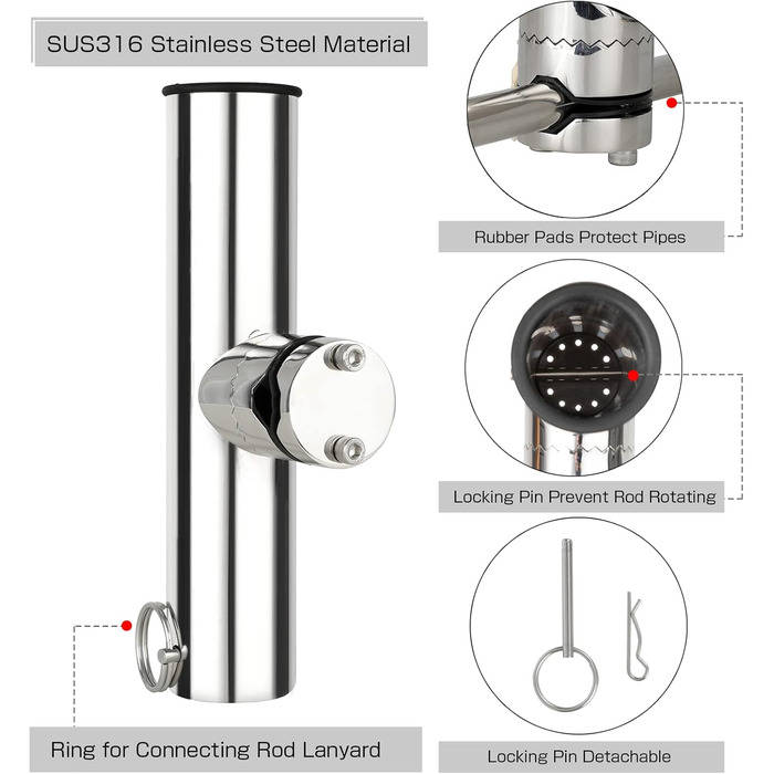 Тримачі для вудок з нержавіючої сталі для риболовлі, індивідуально закручений тримач для вудок, затискач для вудок, тримач для вудок для човна, тримач для вудок SUS316, 4 шт.