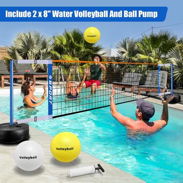 Портативний комплект сітки Furypiont Pool (Волейбол/Теніс/Піклбол), Чорний, Регульована довжина 4,57–7,62 м, З міцною основою та 2 м'ячами