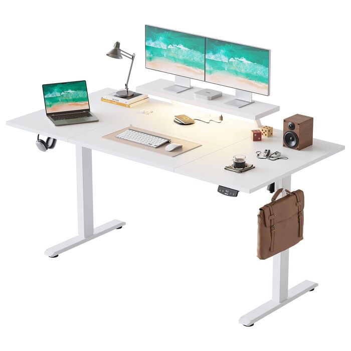 Електрично регульований по висоті стіл 160 x 80 см зі світлодіодною стрічкою, USB-портом та регульованою підставкою для монітора, стіл для роботи стоячи з 4-секційною стільницею, комп&39ютерний стіл, білий 160 x 80 см зі світлодіодним підсвічуванням