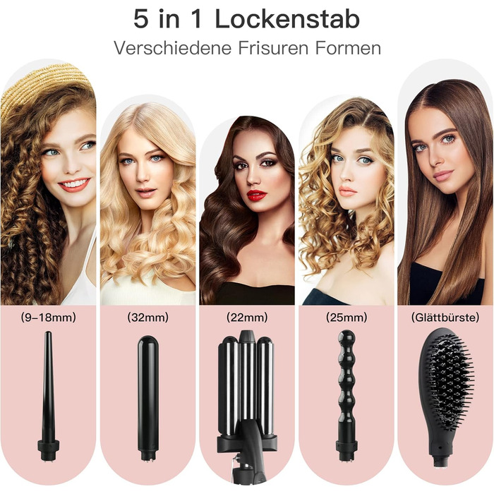 Набір щипців для завивки, 5 в 1, з різними насадками, турмалінова кераміка плойка, щітка для випрямлення, з коробкою для зберіганн