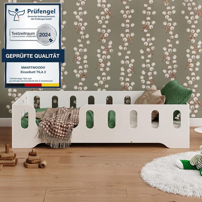 Дитяче ліжко smartwood TILA 2L 120x180 із захистом від випадіння та рейковою рамою - Підлогове дитяче ліжко білого кольору - Ліжко