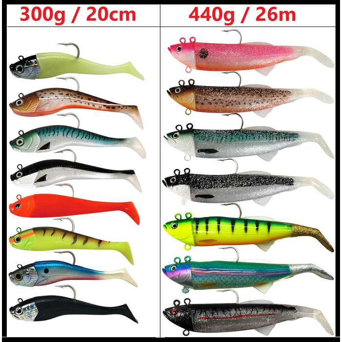 Морська блешня Norway UV Shad - м&39яка пластикова рибка джиг-головка - блешня для тріски - 20 см / 300 г та 26 см / 440 г Fluo Firetiger 3D - 26 см / 420 г