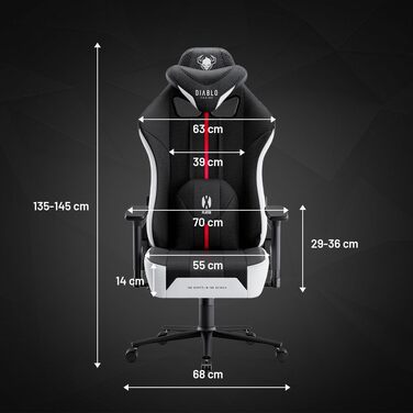 Ігрове крісло Diablo Fabric X-Player 2.0 - Широке сидіння - Ігрове крісло з 3D підлокітниками - Подушки для шиї/світлові подушки, функція гойдання - Офісне крісло 160 кг - Ергономічне ігрове крісло для ПК - King (XL) Біло-чорний King (XL)
