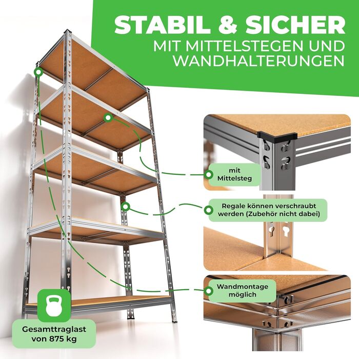 Комплект із 2 металевих стелажів Thomas, стелажі для зберігання 90x40x180 (В) см, підвальні стелажі, вантажопідйомність до 875 кг, сріблястий колір, з 5 полицями, вантажопідйомність кожна 175 кг, регульована висота, надміцні стелажі (легкий монтаж) 1 Easy