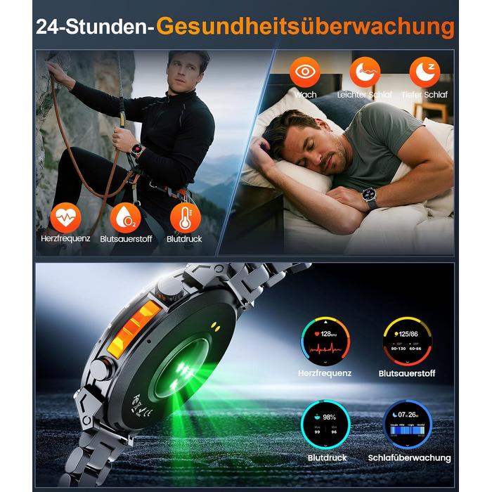 Військовий смарт-годинник для чоловіків, спортивний GPS-годинник з 1,6-дюймовим AMOLED HD-дисплеєм, функціями телефону/чату/GPT/AI/5 спортивних режимів GPS/100 спортивних режимів, фітнес-годинник для Android та iOS (чорний)