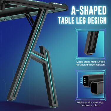 Ігровий стіл зі світлодіодним освітленням, 160x60 см, ігровий стіл з А-подібною рамою, стабільний ігровий стіл для ПК з крутим вуглецевим покриттям, ергономічний дизайн з гачком для навушників та підсклянником, легко збирається, 160 x 60 см зі світлодіодн