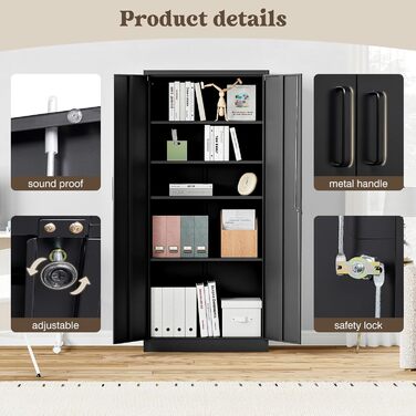 Шафа для документів, що замикається, з 2 дверима, металева шафа, сталева шафа, багатоцільова шафа, металева офісна шафа, регульовані полиці, шафа для зберігання речей для офісу, дому, гаража, 170x78x39 см, чорна