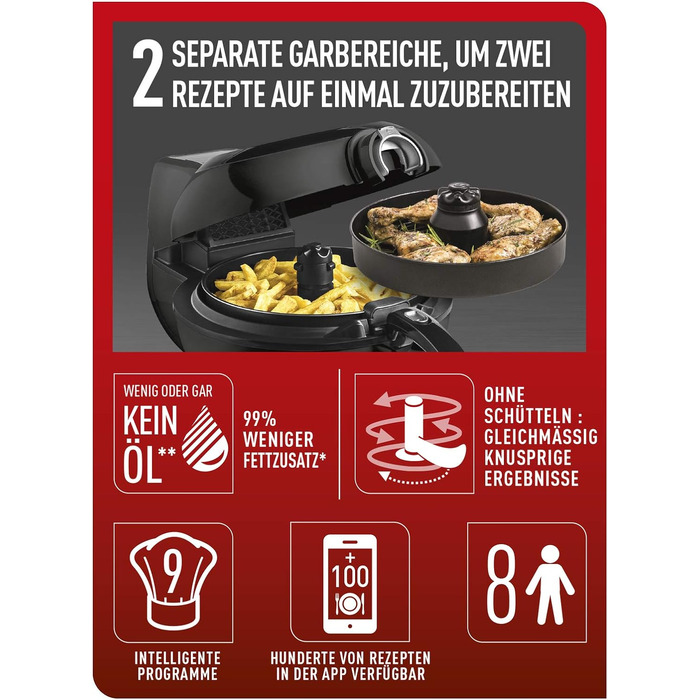 Аерофритюрниця Tefal YV9708 ActiFry Genius XL 2в1 з важелем для перемішування Переможець тесту 1,7 кг на 8 осіб 9 автоматичних меню 2 страви одночасно здорова фритюрниця без олії, чорна ActiFry Genius XL 2в1