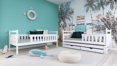 Дитяче колективне ліжко-горище 90x200 з висувним ліжком Двоярусне ліжко з висувною функцією, дві шухляди, решітчастий каркас, захи