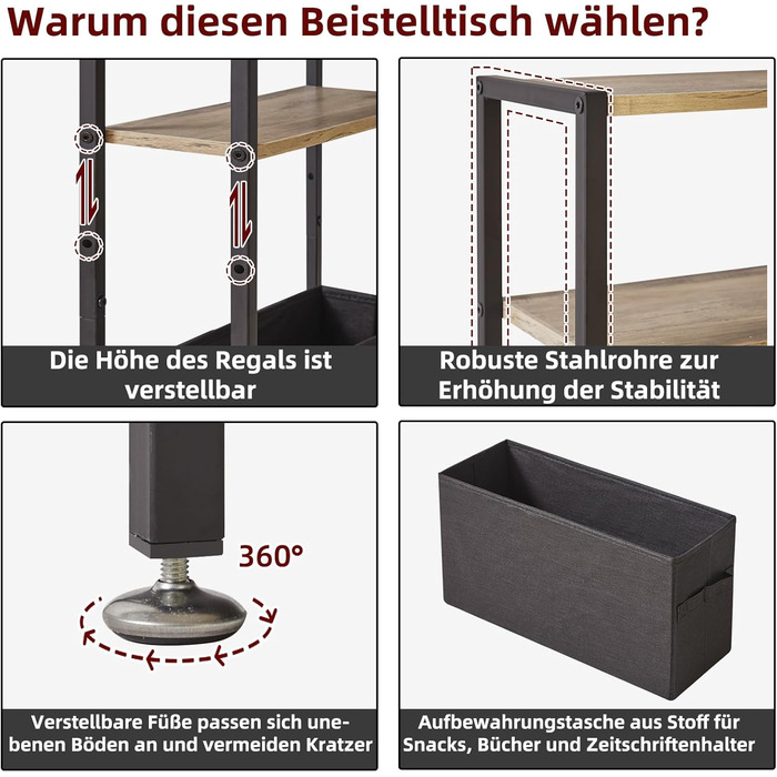 Вузький журнальний столик з поверхнею для зберігання, 3-ярусний вузький журнальний столик з тканинним кошиком, тонкий журнальний столик для вітальні, спальні, кабінету, тумбочки, офісу, світло-сірий дуб YD-TM052Y