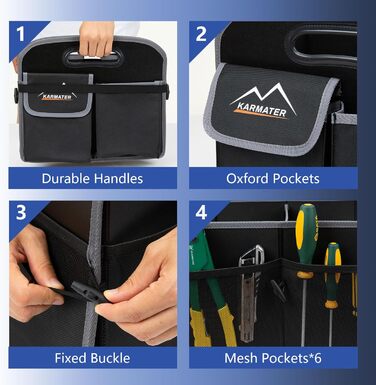 Органайзер для багажника M KARMATER, машинне прання, матеріал PP, 3 відділення, автомобільне зберігання, 95 л, водонепроникний поліестер, органайзер для аксесуарів та 6 кишень, підходить для позашляховиків, мінівенів, пікапів. Розміри 91.4 x 35.6 x 30.5 с