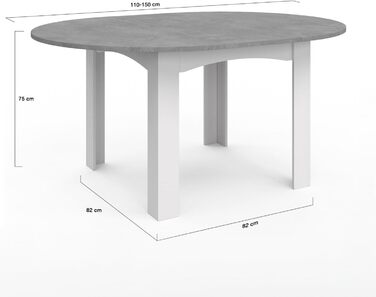Розкладний круглий обідній стіл DONA для 4-8 осіб, білий, стільниця під бетон, 110-150 см