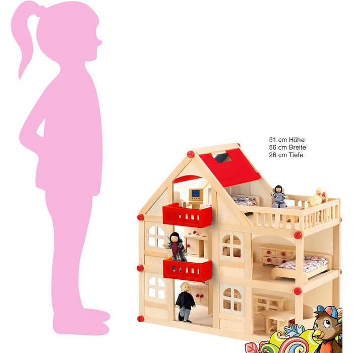 Дерев&39яний ляльковий будиночок для ляльок, кімната для ляльок з 3 поверхами, 4 ляльки та 15 предметами меблів, ручка для перенесення 555x26 см