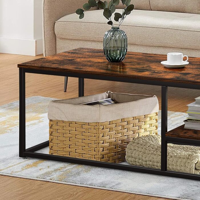 Журнальний столик VOWNER, стіл для вітальні, журнальний столик зі сталевим каркасом та полицями, промисловий дизайн, скандинавський стиль, легке складання, дерев&39яний диванний столик, приставний столик, вінтажний коричневий