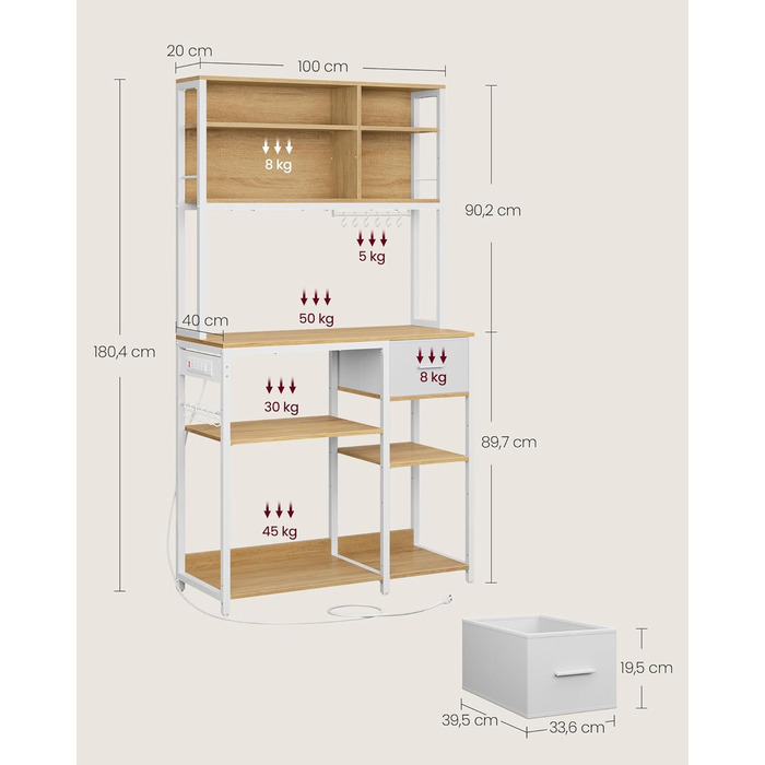 Кухонна полиця VASAGLE з розетками, окремостояча полиця, 40 x 100 x 180,4 см, полиця для випічки, регульовані полиці, шухляда для тканини, 12 гачків, кухня, Золотий дуб-хмарно білий KKS027Y02 40Г x 100Ш см Золотий дуб хмарно білий