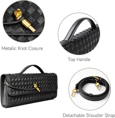 Плетений гаманець для жінок, вечірня сумочка, клатч, плетена шкіра, сумка через плече, офіційна вечірня сумка. Чорна плетена шкіра та замша.