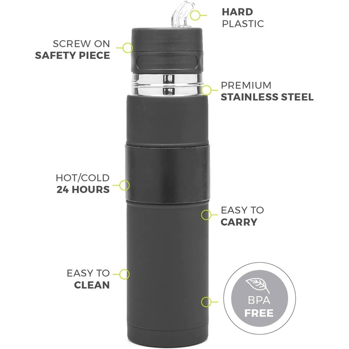 Новий - Автоматичний термос з нержавіючої сталі - Термос, чашка для мате та бомбілья в одному - Не потрібно наповнювати щоразу, коли хочеться випити (Чорний)
