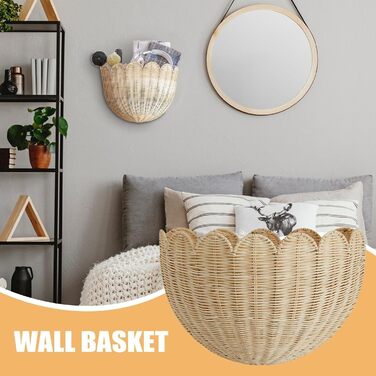 Плетений настінний кошик з ротанга, підвісний кошик у стилі бохо, кошик для квітів, кошик для зберігання, декоративний кошик для вітальні, кухні, дитячої кімнати, ванної кімнати, спальні, коридору (великий x 2)