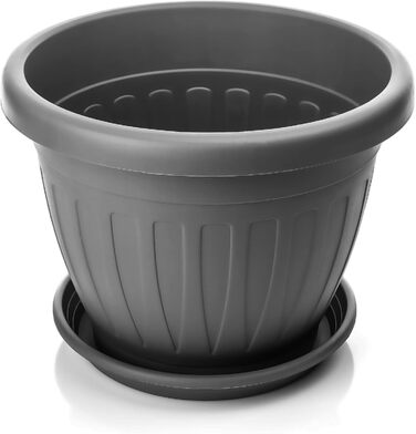 Квітковий горщик BigDean 6 шт. з блюдцем, круглий ø28xH20 см, антрацит - всепогодний горщик - водовідвідний, стійкий до ультрафіолету, виготовлений з ударостійкого пластику - підходить для використання в приміщенні та на вулиці - зроблено в Європі, антрац