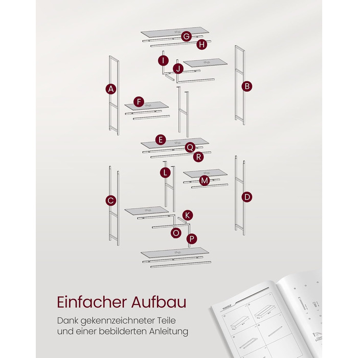 Книжкова полиця VASAGLE, блок із 6 полиць, окремостояча полиця, полиці із загартованого скла, 30 x 80 x 180 см, для кабінету, офісу, вітальні, спальні, кухні, металеве золото-прозоре LGT502A01 металеве золото прозоре загартоване скло сталь