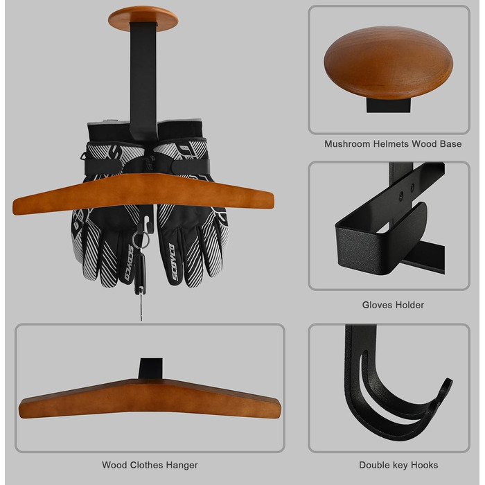 Тримач шолома Настінне кріплення, Стійка для спорядження мотоцикла з тримачем для рукавичок, вішалка для спорядження, 2 гачки для ключів, виготовлені з твердої деревини та міцної сталі для велосипедів, тактичного спорядження, бейсболу, футболу, з рукавичк