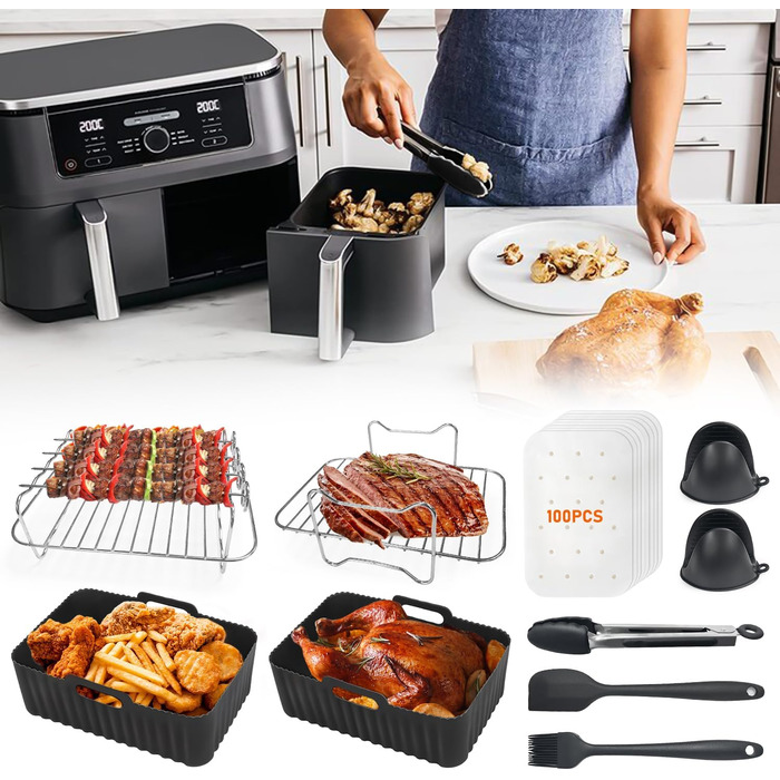 Аксесуари для фритюрниці Viriech, аксесуари для багаторазової фритюрниці з 14 предметів Двокамерна фритюрниця Силіконова форма для Ninja Foodi AF400EU AF500EU та більшість двозонних фритюрниць