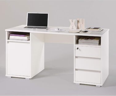 Письмовий стіл PRIMUS з 2 шухлядами, білий - Офісний стіл, комп&39ютерний стіл для домашнього офісу з місцем для зберігання та відкритими полицями - 145 x 74 x 65 см (Ш/В/Г) 145 см білий