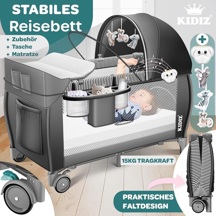 Дитяче ліжечко Kidiz Baby Travel Cot, складне дитяче ліжечко з матрацом та колесами 120x60, бічний вхід, пеленальний килимок, москітна сітка та сумка для перенесення, дитяче ліжечко, дитяче ліжко від народження до 15 кг, чорне