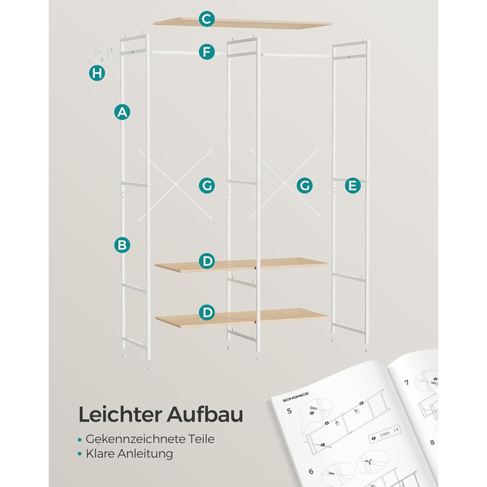 Відкрита шафа, вішалка для одягу, вішалка для пальто, шафа з рейкою для одягу, полиці, знімні гачки, 40 x 94,5 x 180 см, натуральний бежевий RGR004W67 Натуральний бежевий 40 x 94,5 x 180 см