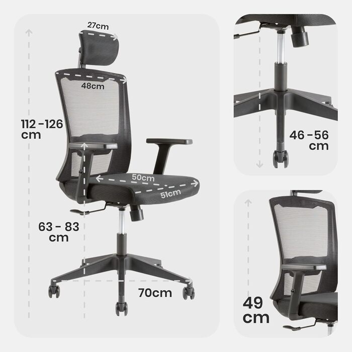 Ергономічне офісне крісло Arebos, стілець для роботи з регульованим підголівником, підлокітниками, поперековою опорою, обертове крісло з функцією гойдання, крісло керівника з сітки, захисне для спини, офісне крісло 136 кг
