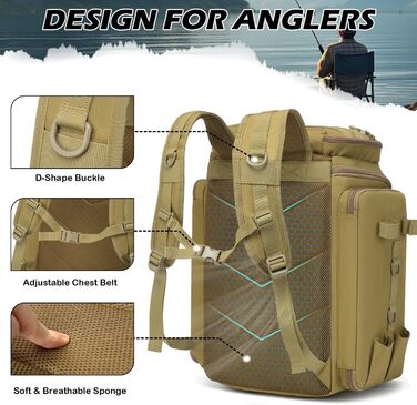Рибальський рюкзак BlesMaller з тримачами для вудилищ, велика сумка для риболовлі, 45 л, водонепроникний рюкзак для рибальського спорядження для риболовлі, походів, кемпінгу, походів