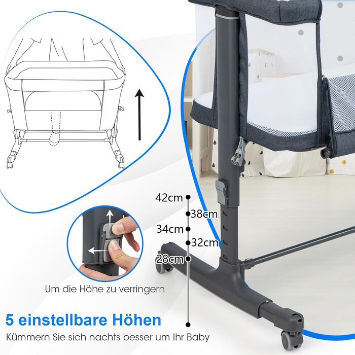 Ліжечко DREAMADE 2-в-1 Side-by-Side, дорожнє ліжечко з регульованою висотою на 5 рівнях з матрацом та колесами, колиска 86 x 63 см для дітей від народження до 9 кг, дитяче ліжечко з кутом нахилу 10 (модель 2 - темно-сірий)