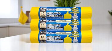 Надзвичайно великі жовті сміттєві пакети 120 літрів - Розміри 80 x 110 см - 10 пакетів у рулоні - стійкі до розривів, міцні та гнучкі - Упаковка з 3 рулонів (30 сміттєвих пакетів)