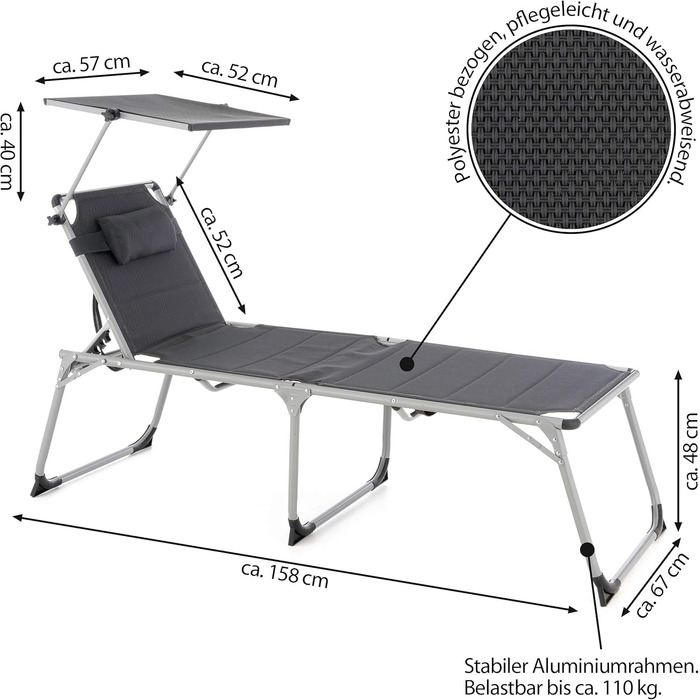Надзвичайно високий шезлонг для літніх людей, садовий шезлонг, розкладний шезлонг садове крісло з алюмінію та текстилену колір темно-сірий