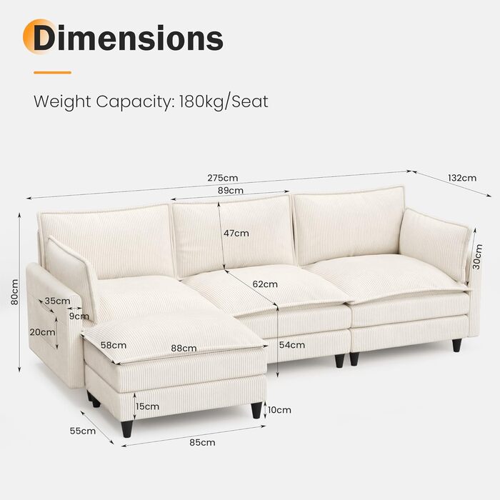 Диван APICIZON з функцією сну, диван &quotХмара&quot, L-подібний диван, кутовий диван - 275x132x80 см, XXL дивани, вельветовий розкладний диван для вітальні, бічна кишеня для журналів, бежевий 275 см - L бежевий