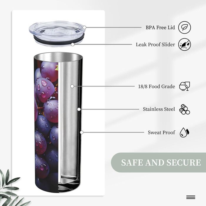 Кухоль з прямою трубочкою, 590 мл, дизайн свіжий виноград, принт, дорожній кухоль, підходить для кемпінгу, офісу та дому