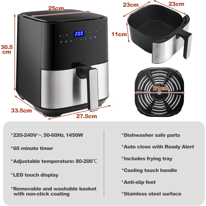Цифрові фритюрниці TUKAILAi 5 л зі швидкою циркуляцією повітря та екраном одним дотиком, 8 попередніх налаштувань приготування, кошик з антипригарним покриттям, таймер контролю температури, кошик з антипригарним покриттям, безмасляна картопля фрі для дому