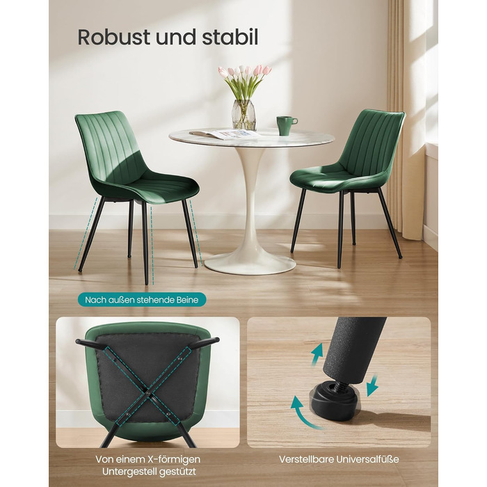 Комплект обідніх стільців з 2 шт. , Кухонний стілець, Оксамитовий, М&39який стілець, Витримує вагу до 120 кг, Сталеві ніжки, Вигнута спинка, Для їдальні, Кухня, Зелено-чорний LDC090C01 Зелений комплект з 2 шт.