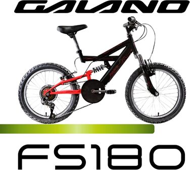 Велосипед Galano FS180 18 дюймів для дітей віком від 5 років, дитячий велосипед, гірський велосипед для хлопчиків та дівчаток, повнопідвісний велосипед для дітей, гірський велосипед унісекс, легкий, велосипед для хлопчиків та дівчаток, чорний/червоний, 28