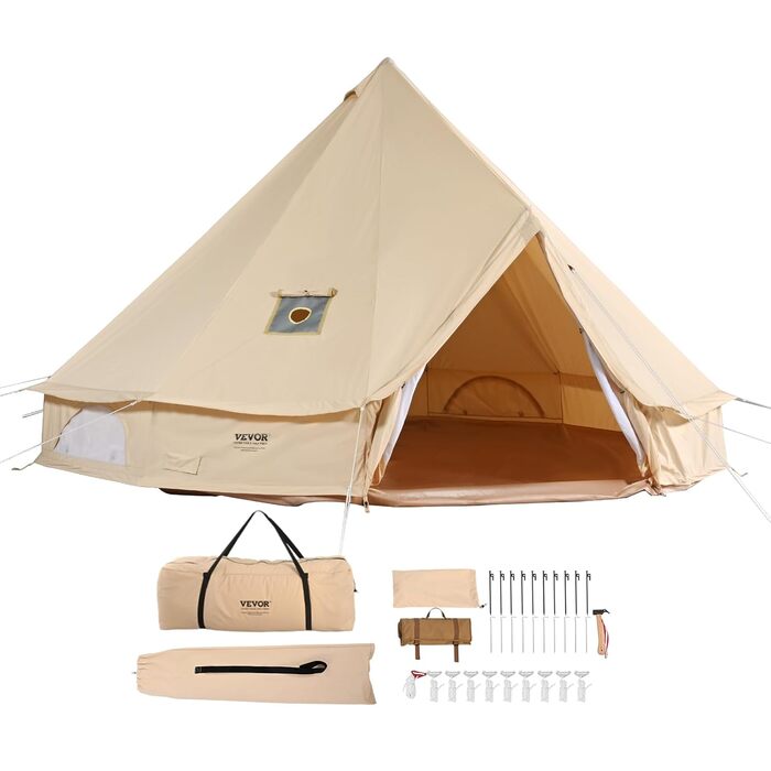 Намет VEVOR Bell Tent 3 x 2 м, юрта, бавовна з термостійкого матеріалу та міцні залізні стійки з ПВХ підлогою, сімейний намет на 8 вікон, груповий намет для пригод на свіжому повітрі
